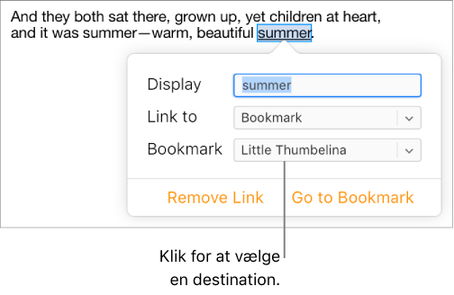 Tekst i et dokument er valgt og understreget, og linkvinduet viser, at teksten har et link til en bogmærke.
