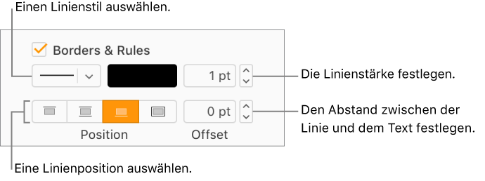  Das Markierungsfeld „Rahmen & Linien“ ist in der Seitenleiste „Format“ aktiviert, und unter dem Markierungsfeld erscheinen Steuerelemente zum Ändern der Linienart, -stärke, -position und -farbe.