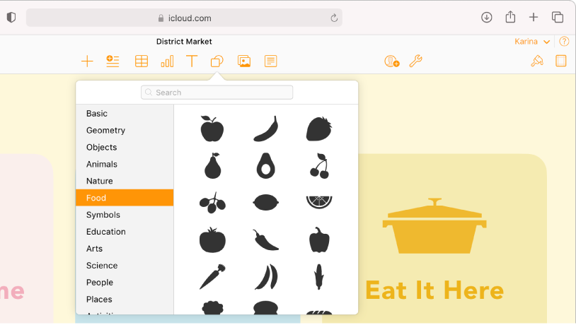 The Shapes library is open, with a list of shape categories to choose from. The Food category is selected and images of food shapes to choose from appear to the right of the category.