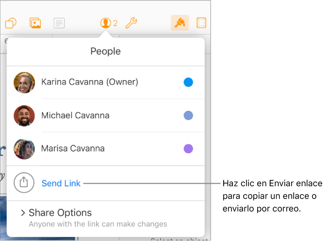 La opción Enviar enlace en la lista de participantes.