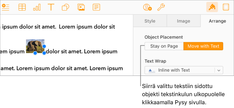 Dokumentin leipätekstissä on valittuna tekstiin sidottu objekti. Sivupalkin Järjestä-välilehdessä näkyy Pysy sivulla -painike.