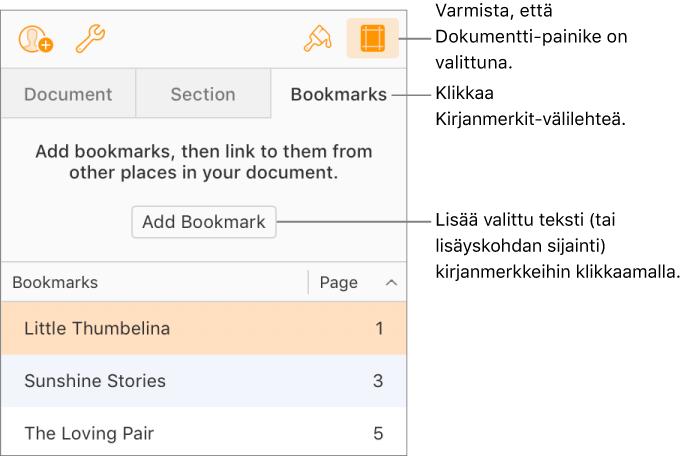 Kirjanmerkit-välilehti on valittuna Dokumentti-sivupalkissa. Lisää kirjanmerkki -painike näkyy dokumenttiin jo lisättyjen kirjanmerkkien luettelon yläpuolella.