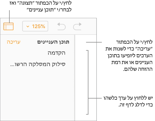 תוכן העניינים פתוח בסרגל הצד משמאל, וכולל ערכים עבור שם המסמך וחמש כותרות נוספות.