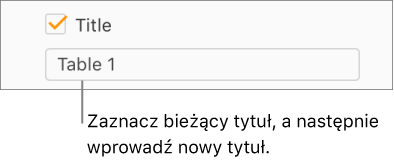 Pole wyboru Tytuł na pasku bocznym Format jest zaznaczone. Pole tekstowe pod polem wyboru wyświetla zastępczy tytuł tabeli „Tabela 1”.