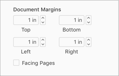 Sekcja Marginesy dokumentu na pasku bocznym Dokument, z narzędziami do ustawiania marginesów: górnego, dolnego, lewego i prawego.