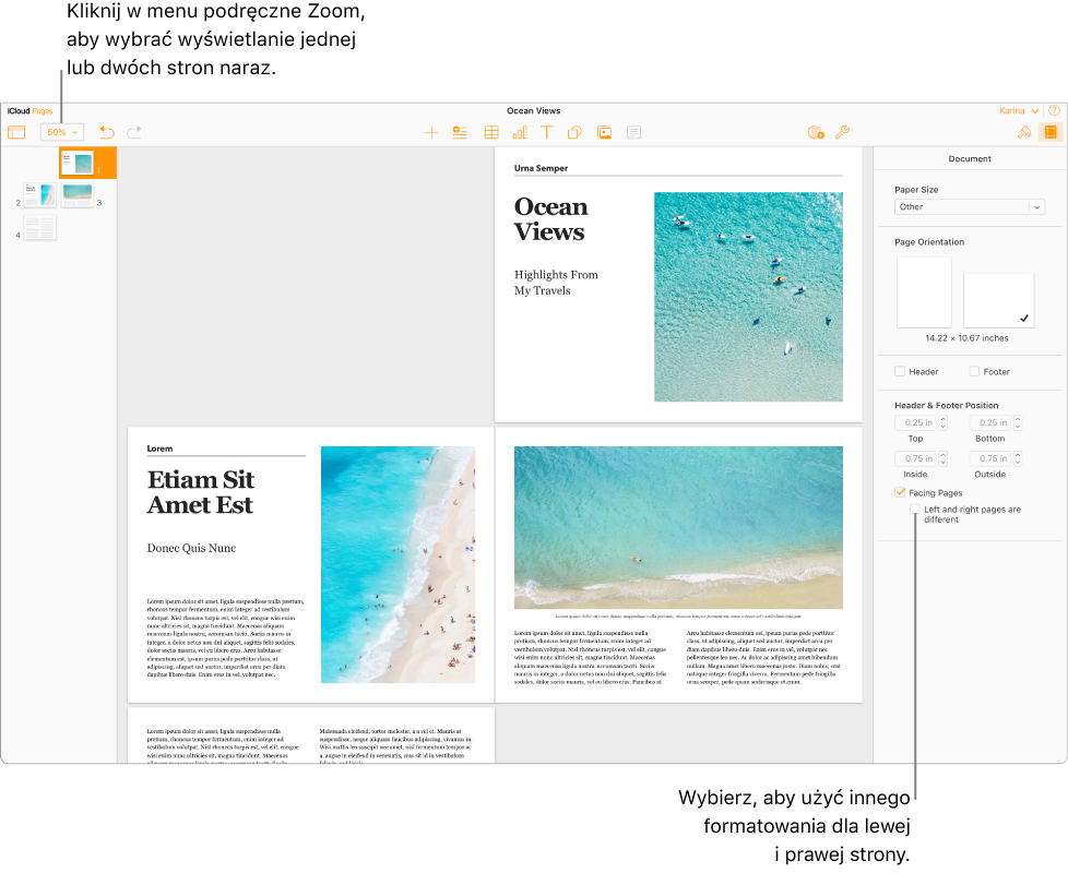 Okno aplikacji Pages dla iCloud z miniaturkami stron i stronami dokumentu wyświetlanymi jako dwustronicowe rozkładówki. Na pasku bocznym dokumentu po prawej stronie pole wyboru „Lewa i prawa strona są różne” jest odznaczone.