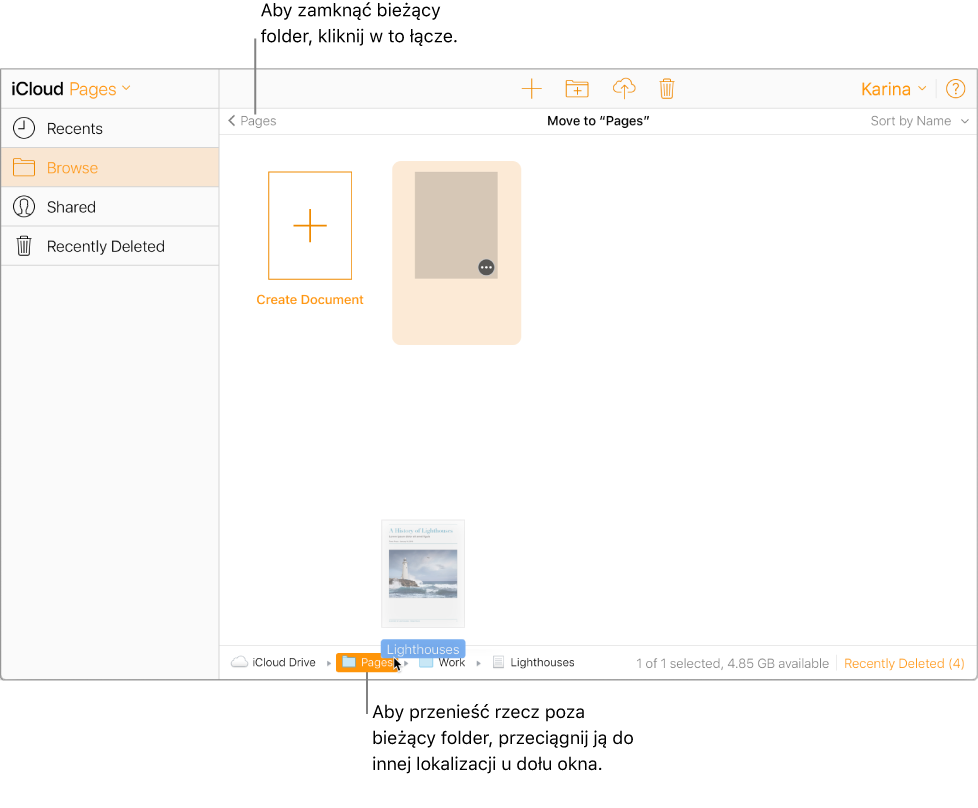 Folder jest otwarty, a dokument w folderze jest przeciągany do folderu Pages na dole okna.