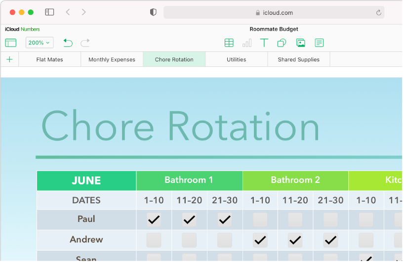 The top left portion of a spreadsheet shows five sheet tabs; the Chore Rotation sheet is selected, and a table with chore information appears on the sheet.