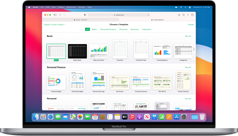 The template chooser is open and shows a range of sample spreadsheets to choose from.
