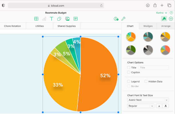 Um gráfico circular com percentagens selecionadas em cada secção; o separador Gráfico da barra lateral Formatar está aberto e apresenta opções para alterar o estilo, tipo de letra e muito mais.