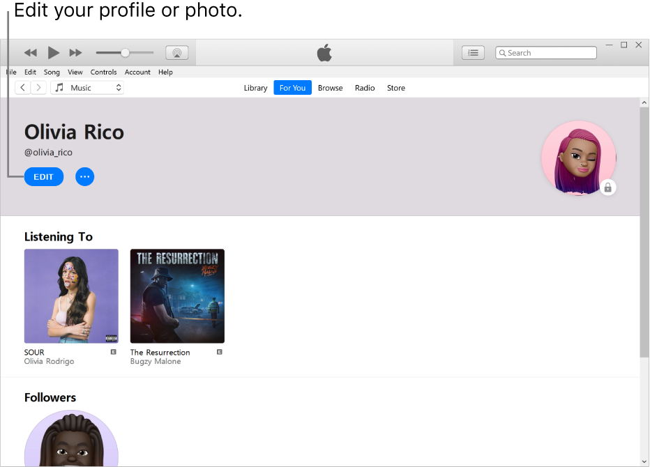 The profile page in Apple Music: In the top-left corner below your name, click Edit to edit your profile or your photo. In the top-right corner is the My Account button.