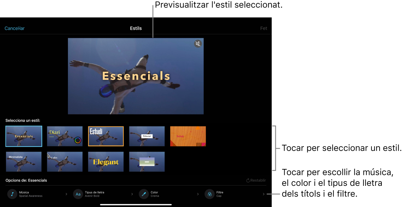 El visor mostra una previsualització de l'estil de pel·lícula màgica seleccionat i les opcions d'estil a sota. Els botons per afegir música, seleccionar el color i el tipus de lletra dels títols i aplicar un filtre a la part inferior de la pantalla.