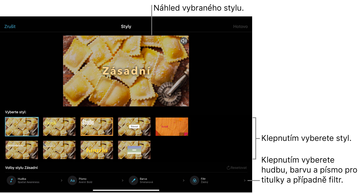  Prohlížeč, v němž je vidět náhled vybraného stylu a pod ním volby stylu. Dole na obrazovce jsou vidět tlačítka pro přidání hudby, výběr barvy, výběr písma pro titulky a přidání filtru.