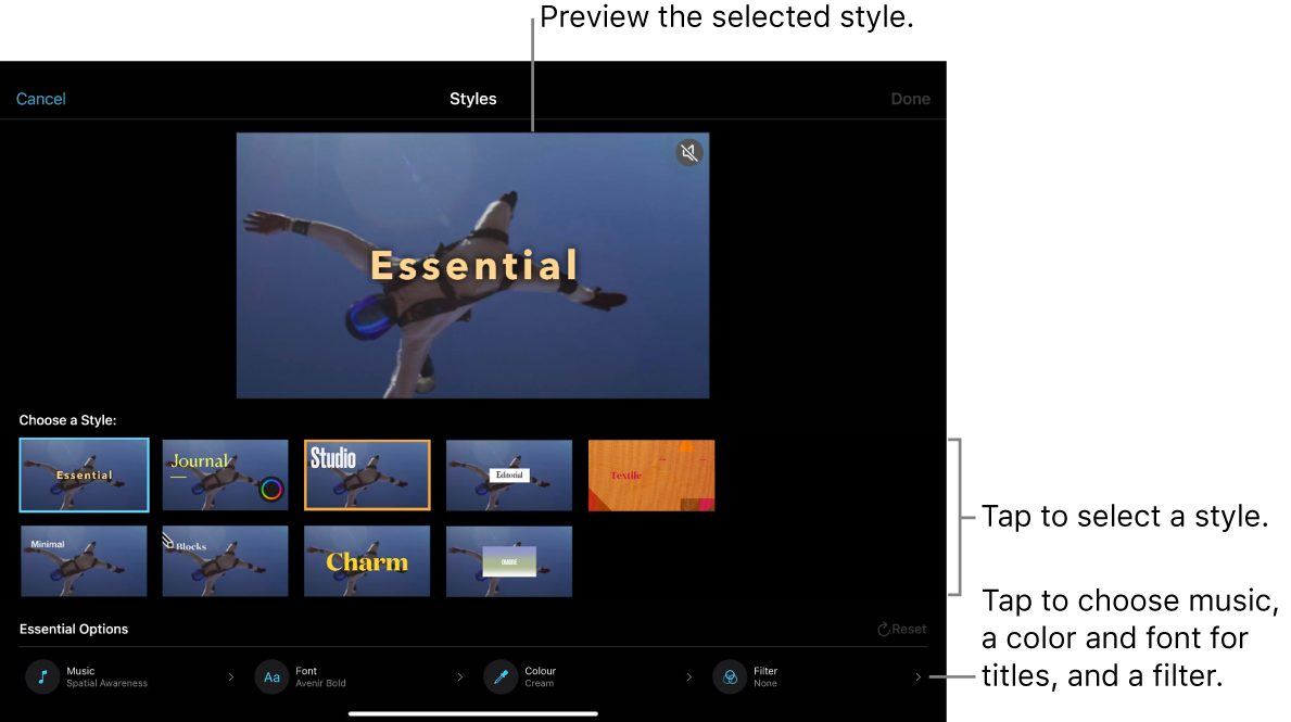 The viewer showing a preview of a selected Magic Movie style, with style options below. Buttons for adding music, selecting a colour and font for titles and adding a filter are at the bottom of the screen.