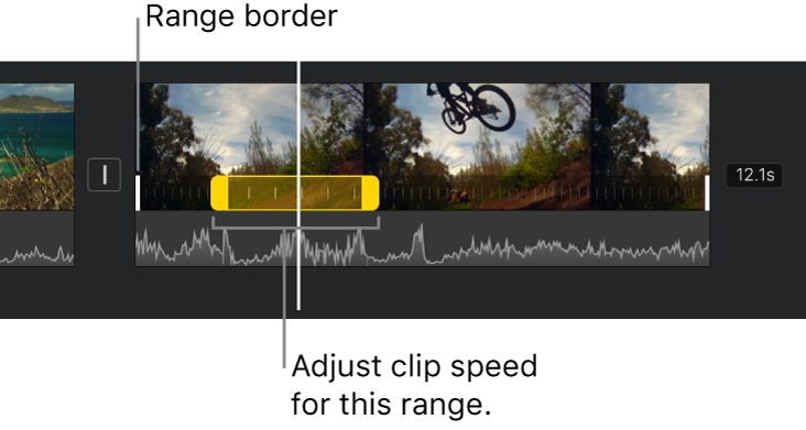 A speed range with yellow range handles in a video clip in the timeline, with white lines in the clip indicating range borders.