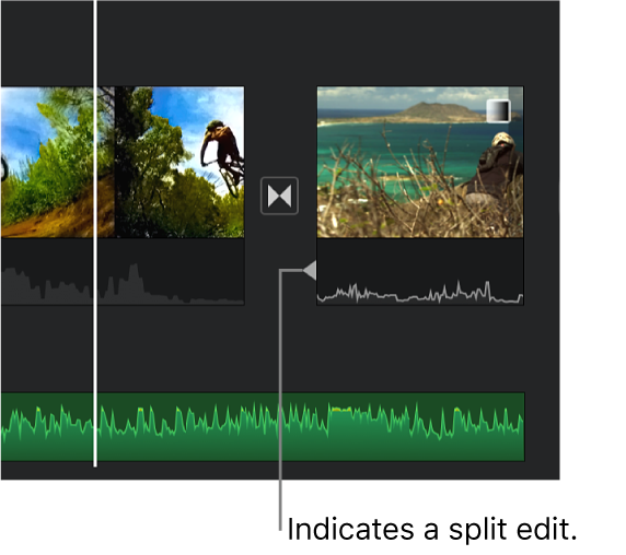A split edit indicator appearing in the audio portion of a transition in the timeline.