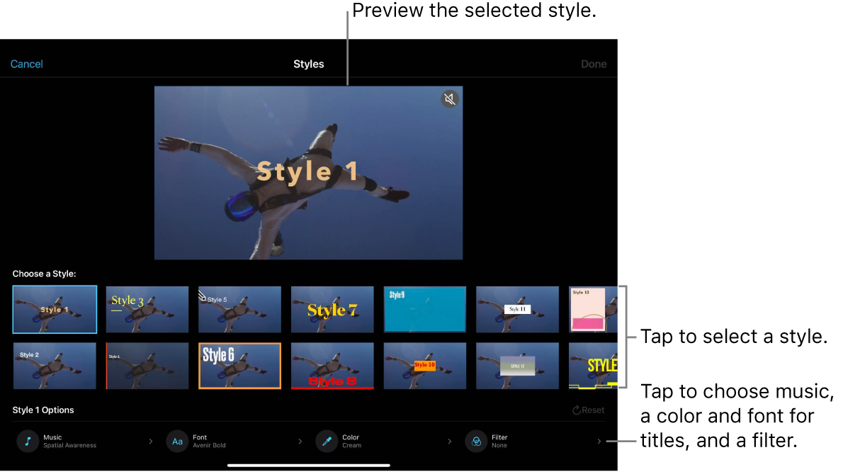 The viewer showing a preview of a selected Magic Movie style, with style options below. Buttons for adding music, selecting a color and font for titles, and adding a filter are at the bottom of the screen.