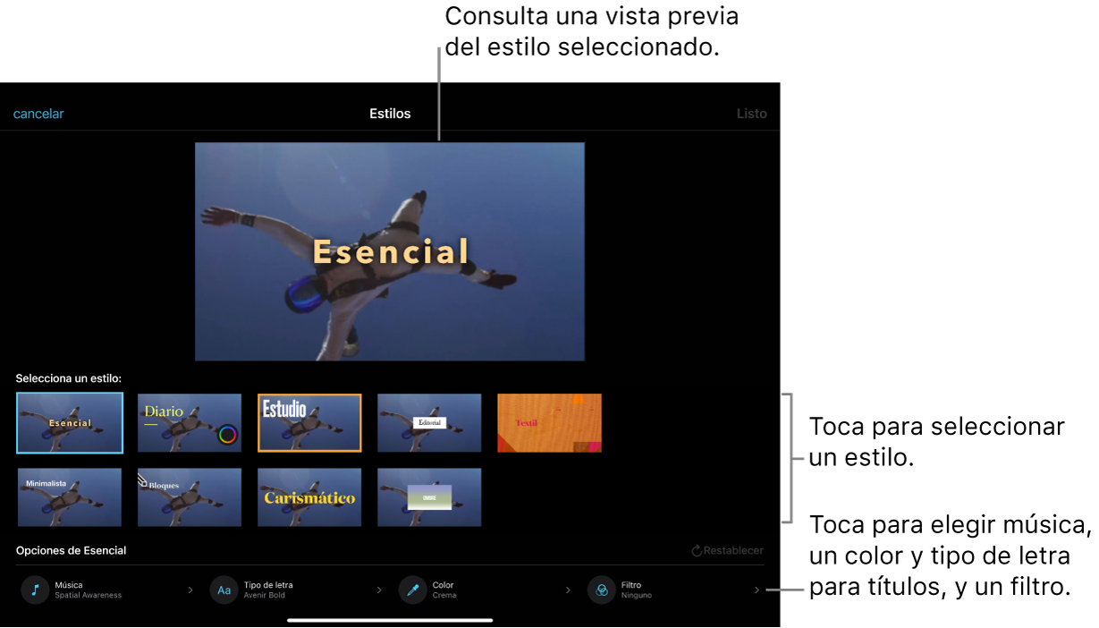 El visor mostrando una vista previa de un estilo de película mágica seleccionado con opciones de estilo en la parte inferior. Los botones para agregar música, aplicar un filtro y seleccionar el color y tipo de letra de los títulos se encuentran en la parte inferior de la pantalla.