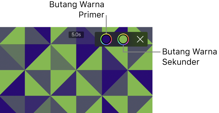 Pemapar menunjukkan latar belakang corak hijau dan biru dengan butang warna primer dan sekunder. Butang warna di bahagian kanan atas.