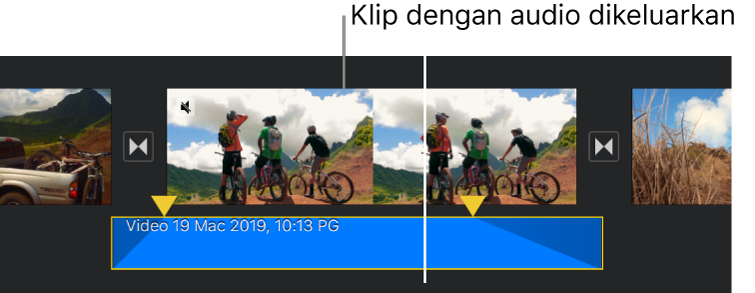 Klip video dalam garis masa dengan klip audio biru yang ditanggalkan di bawah.