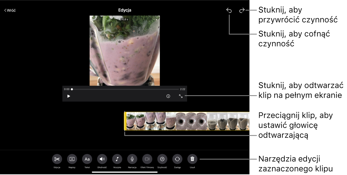 Edytowany klip w projekcie scenorysu oraz podgląd edytowanego klipu w polu podglądu. Na dole ekranu widoczne są przyciski służące do edycji klipu.