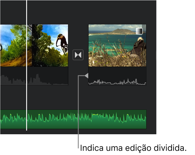 Indicador de edição dividida exibido na parte de áudio de uma transição na linha do tempo.