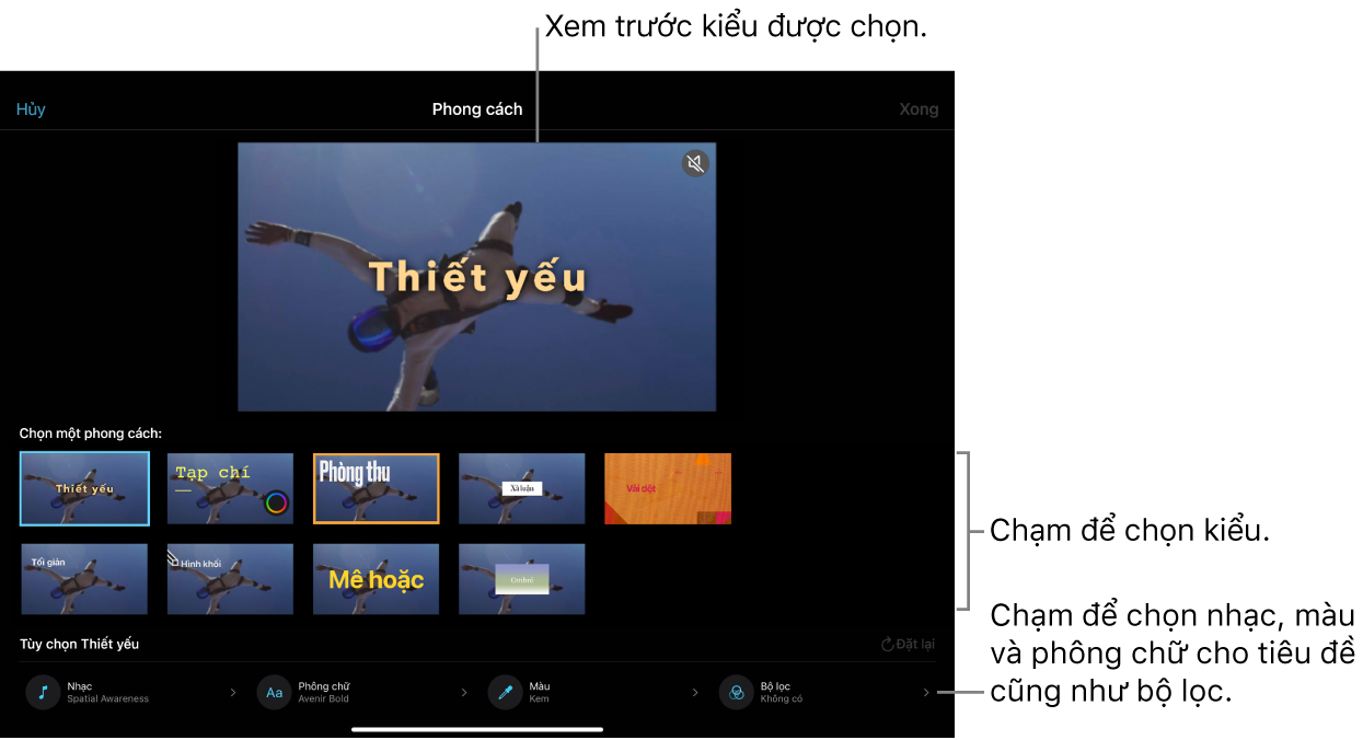 Trình xem đang hiển thị bản xem trước của kiểu Phim ma thuật được chọn, với các tùy chọn kiểu bên dưới. Các nút để thêm nhạc, chọn màu và phông chữ cho tiêu đề cũng như thêm bộ lọc nằm ở cuối màn hình.