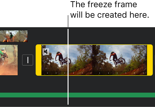 A video clip in the timeline with yellow range handles at each end, and the playhead positioned where the freeze frame will be added.