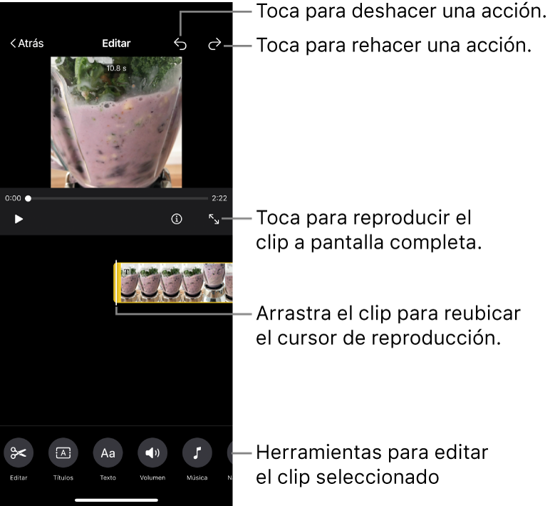  Un clip en un proyecto de guión gráfico editándose con el visor mostrando una vista previa del clip. En la parte inferior de la pantalla se encuentran botones para editar el clip.