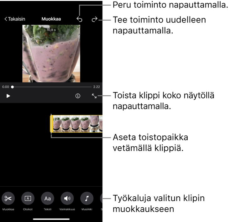 Klippiä muokataan kuvakäsikirjoitusprojektissa, ja klipin esikatselu näytetään katseluikkunassa. Näytön alareunassa ovat painikkeet klipin muokkaamista varten.