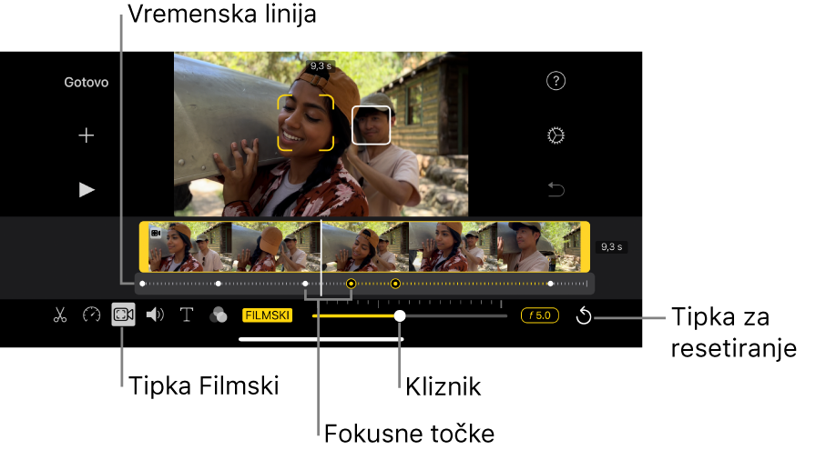 Video isječak u pregledniku u Filmskom modu, sa žutim kvadratima oko objekta koji je trenutačno u fokusu i bijelim okvirom oko objekta koji nije u fokusu. Vremenska crta prikazuje bijele i žute fokusne točke.