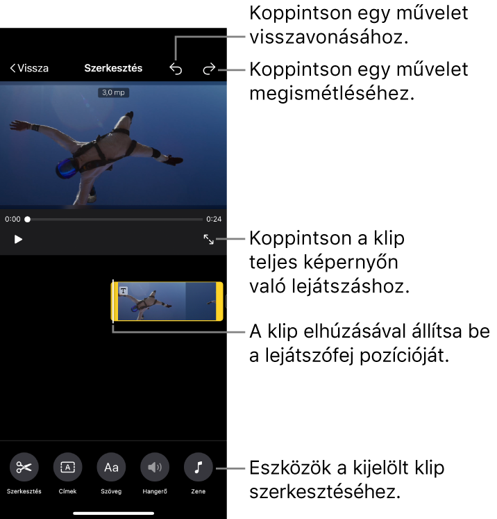 A Varázsfilm egyik klipje szerkesztés alatt áll, és a megtekintőben a klip előnézete látható. A képernyő alján a klip szerkesztésére szolgáló gombok láthatók.