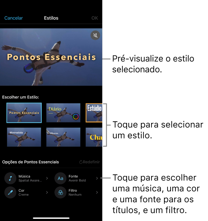 O visualizador mostrando uma pré-visualização de um estilo selecionado, com opções de estilo abaixo. Botões para adicionar música, selecionar cor e fonte para títulos e adicionar um filtro estão na parte inferior da tela.
