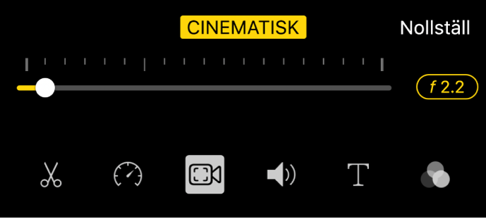 Skärpedjupsreglaget som visas när du trycker på knappen Cinematiskt.