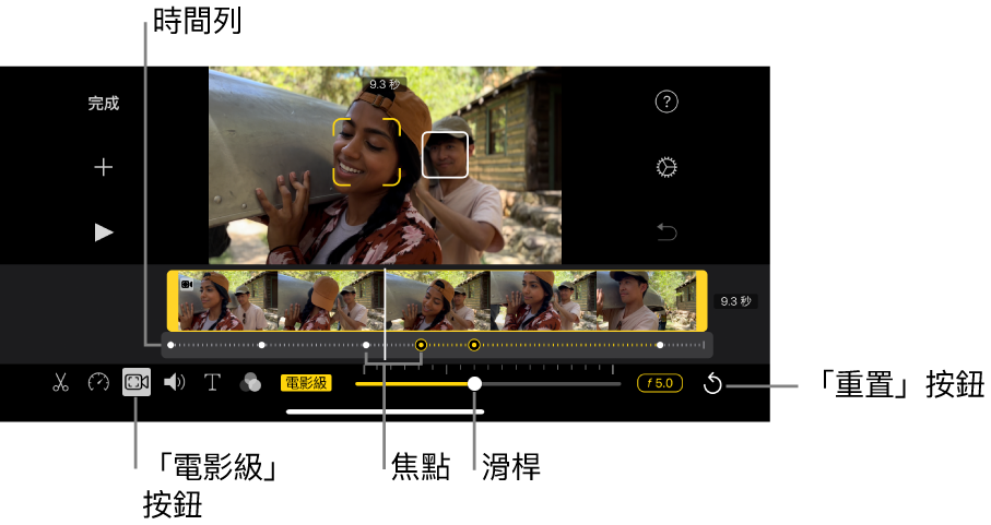 檢視器中的「電影級」模式影片剪輯片段，黃色括號框住目前聚焦的目標，白四方框框住非聚焦的目標。時間列顯示白色和黃色焦點。