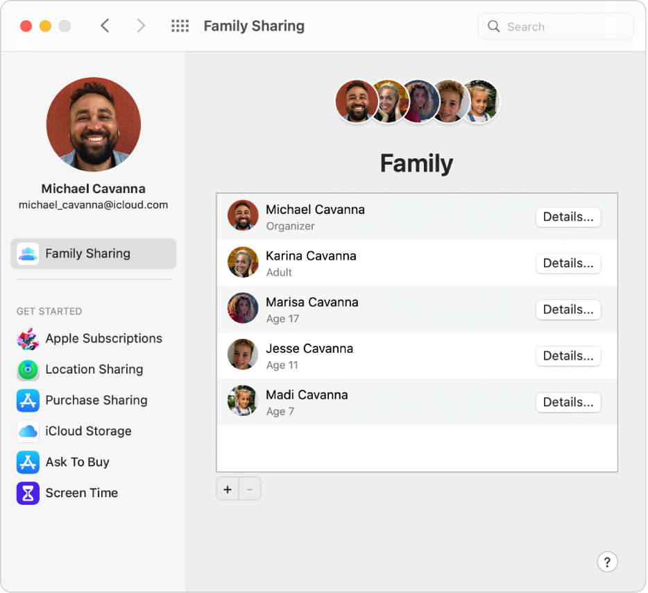 Systemeinstellung „Familienfreigabe“ mit einer Seitenleiste der verschiedenen Typen von Accountoptionen, die du verwenden kannst, und Einstellungen unter „Familie“ eines vorhandenen Accounts