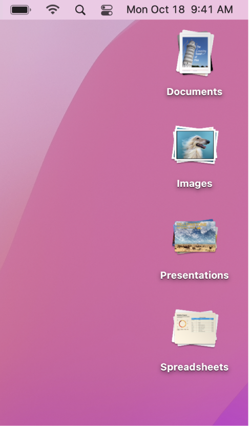 Ein Mac-Schreibtisch mit vier Stapeln für Dokumente, Bilder, Präsentationen und Tabellenkalkulationen am rechten Bildschirmrand