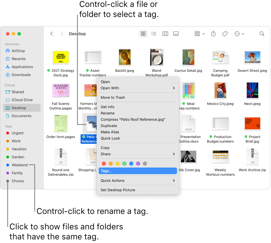 A Finder window containing tagged files and folders, with a file selected. In the shortcut menu, there are color choices for tags, and Tags is highlighted.