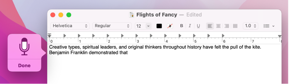 The feedback window alongside dictated text in a TextEdit document.