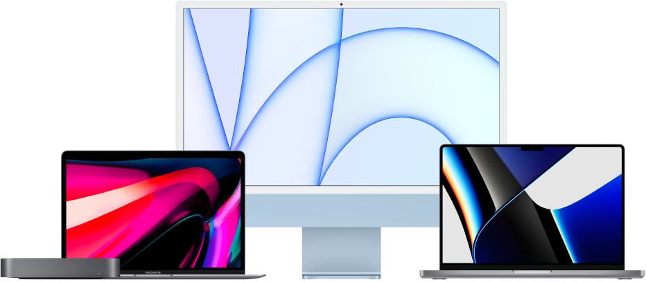 A Mac mini, MacBook Air, iMac, and MacBook Pro with colorful desktops.