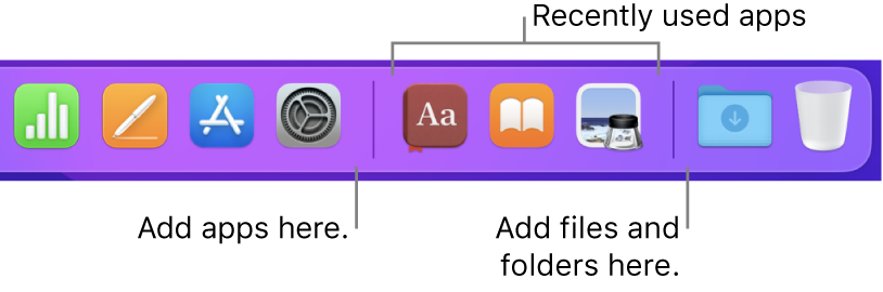 A portion of the Dock showing the separator lines between apps, recently used apps, and files and folders.