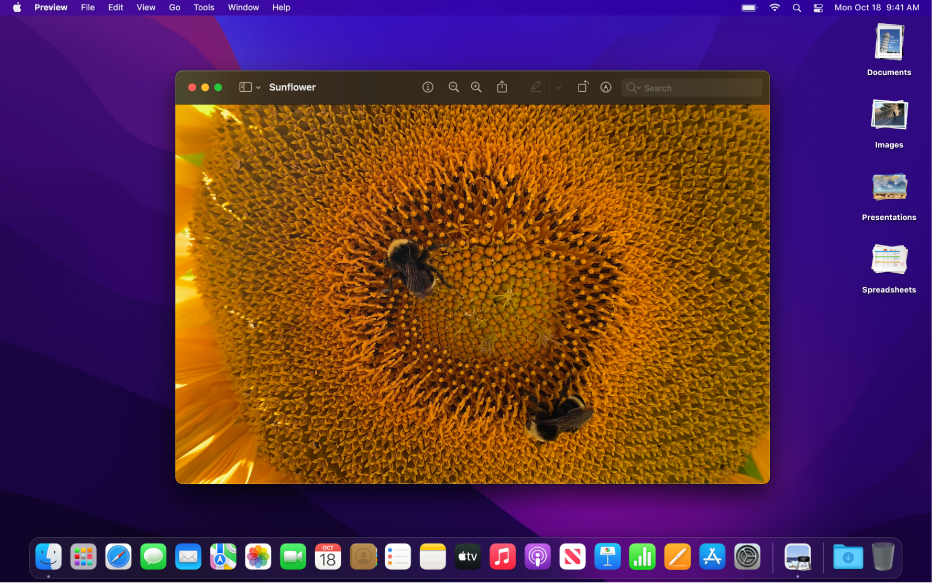 A Mac desktop set to the dark appearance, showing an app window, the Dock, and the menu bar, which are dark.