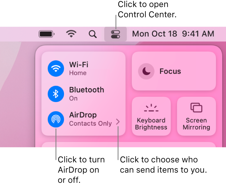 A Control Center window showing the controls to turn AirDrop on or off and choose who can send items to you.