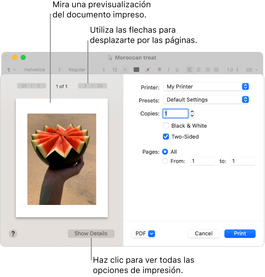 El cuadro de diálogo Imprimir muestra una previsualización de tu tarea de impresión. Haz clic en el botón “Mostrar detalles” para ver más opciones de impresión.