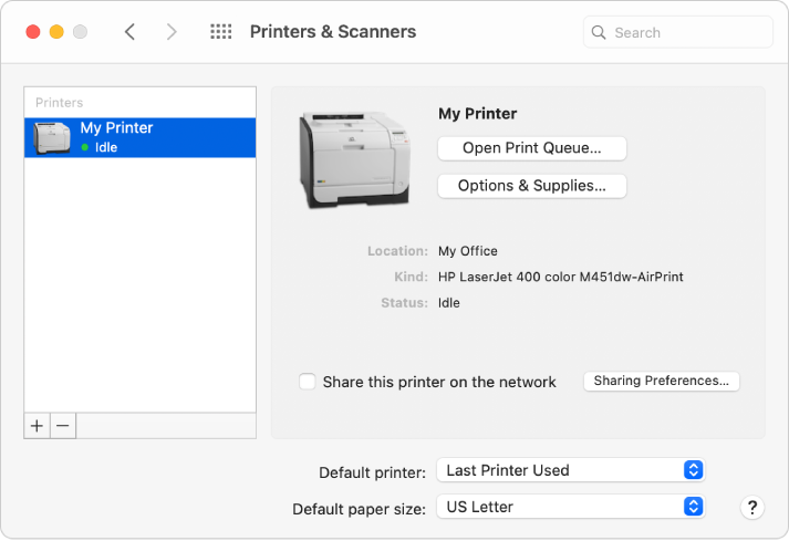 La zone de dialogue Imprimantes et scanners affiche les options de configuration d’une imprimante et une liste d’imprimantes comportant, dans sa partie inférieure, les boutons Ajouter et Supprimer permettant d’ajouter ou supprimer des imprimantes.