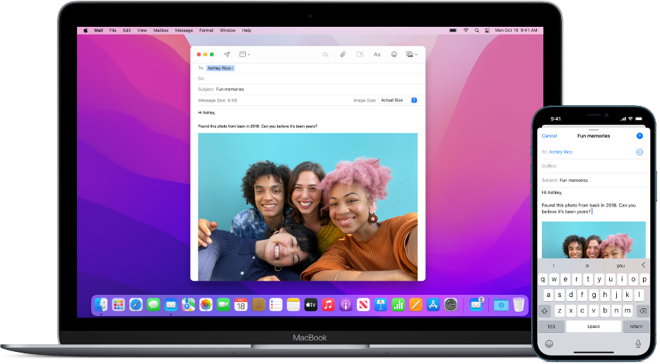 iPhone menunjukkan mesej teks, bersebelahan Mac yang mesej diserahkan, ditandakan oleh ikon Handoff berhampiran sebelah hujung kanan Dock.