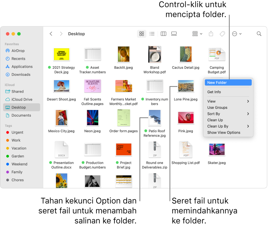Tetingkap Finder yang mengandungi fail dan folder. Dalam menu pintasan, Folder Baharu diserlahkan.