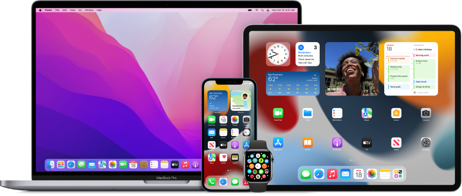 Een Mac, iPad, iPhone en Apple Watch.