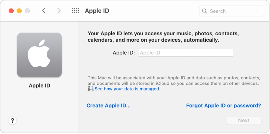 Hộp thoại ID Apple sẵn sàng cho việc nhập ID Apple. Liên kết Tạo ID Apple cho phép bạn tạo ID Apple mới.