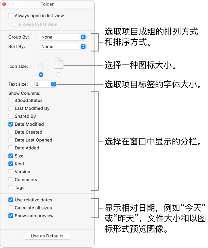 文件夹的列表视图选项。